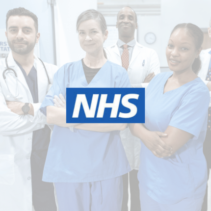 Group of medical professionals with NHS logo