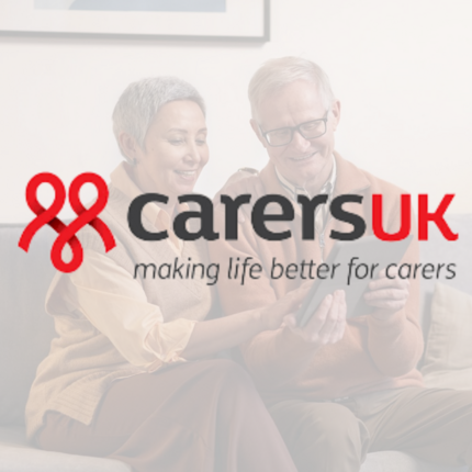 Carers UK logo over an image of two people looking at a tablet