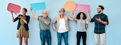 People holding speech bubbles