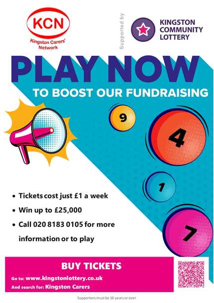 Play now to boost our fundraising. Tickets cost just £1 a week. Win up to £25,000. Call 020 8183 0105 for more information or to play.