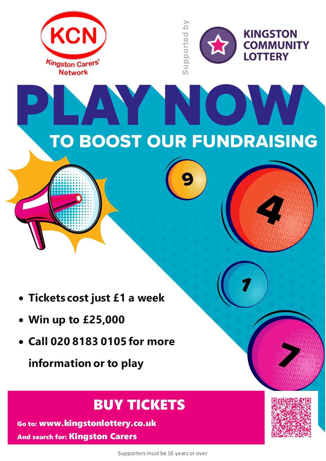Play now to boost our fundraising. Tickets cost just £1 a week. Win up to £25,000. Call 020 8183 0105 for more information or to play.