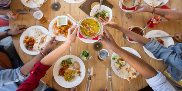 Table of food, being shared