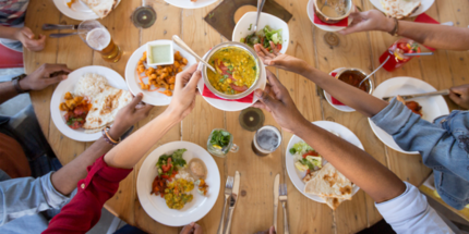 Table of food, being shared