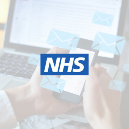 NHS logo over a picture of a computer and smart phone with emails flying around